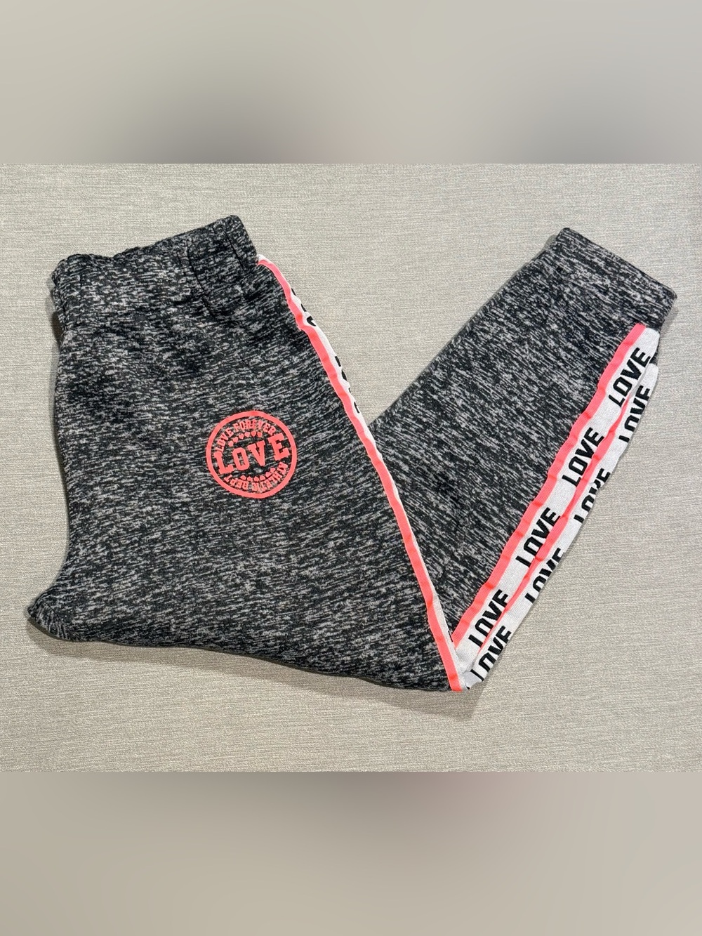 Bobbie Brooks Heathered Black Joggers with Pink LOVE Trim